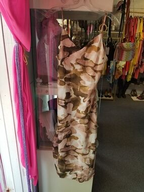 Satin Camo-Print Slip Midi Dress in Beige and Olive